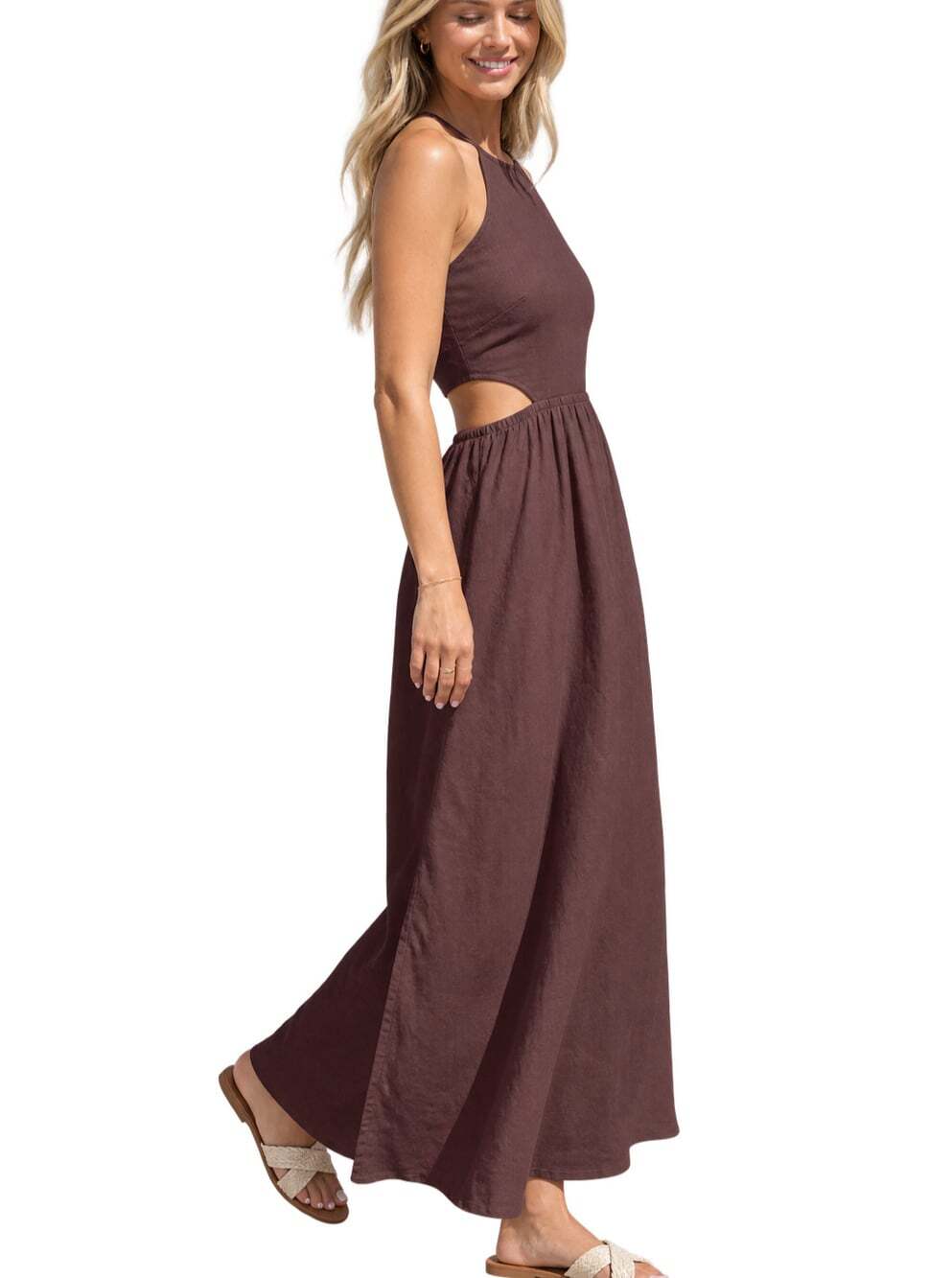 Beyond Yoga SoftWash Linen Halter Midi Maxi Dress Brown NWT - Small